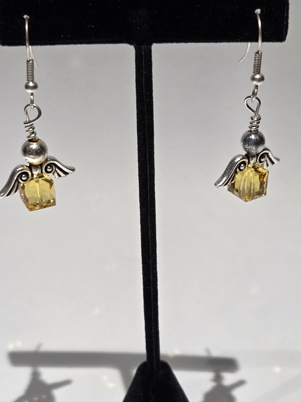 Yellow Crystalline And Silver-toned Angel Wing Drop Earrings - Unbranded